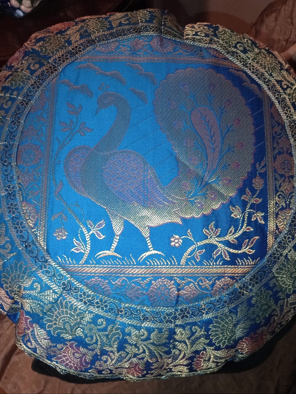 Round 14" Blue Peacock Embroidered Silk Throw Pillow